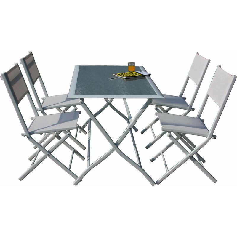 foto del prodotto set tavolo e 4 sedie pieghevoli da giardino in acciaio bauer astro bianco