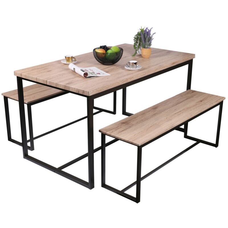 foto del prodotto set tavolo e due panche in stile industriale in legno e metallo collezione daryl tavolo 140 cm e due panche 120 cm