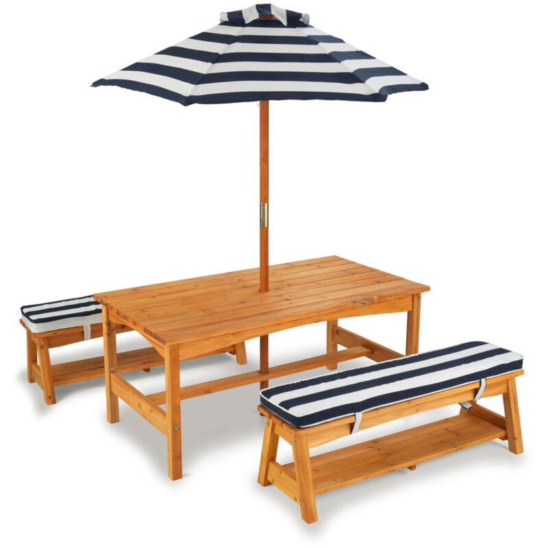 foto del prodotto set tavolo e panchine in legno per bambini con cuscini e ombrellone, mobili per giardino e per esterno, strisce blu navy e bianche, 00106 kidkraft