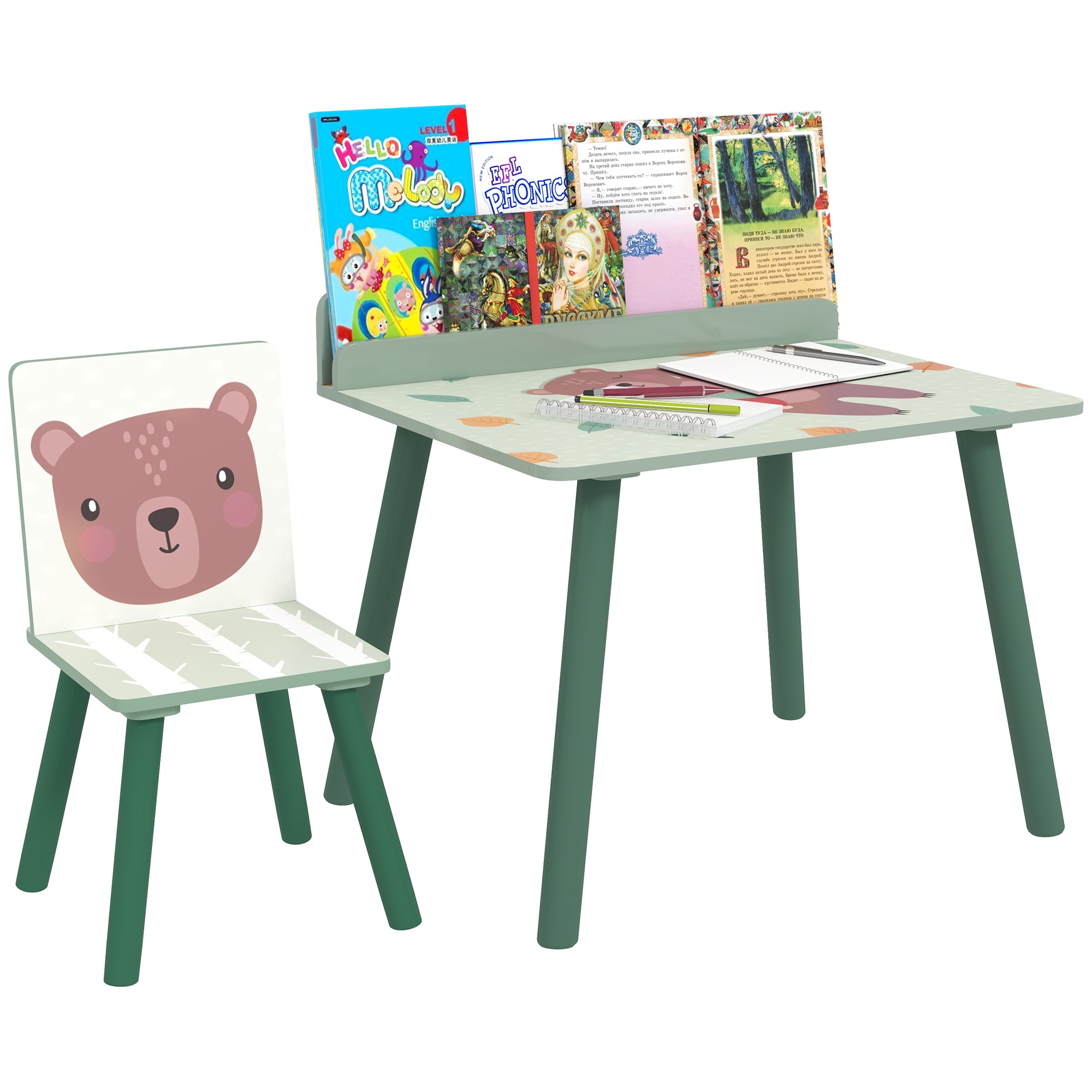 foto del prodotto set tavolo e sedia per bambini con ripiano portaoggetti verde