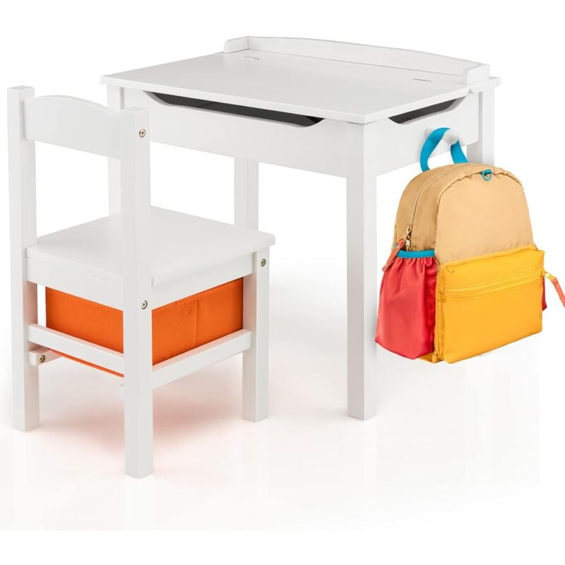 foto del prodotto set tavolo e sedia per bambini, scrivania ribaltabile con sedia per bambini in legno, con cassetto e gancio estraibile, bianco naturale bianco 