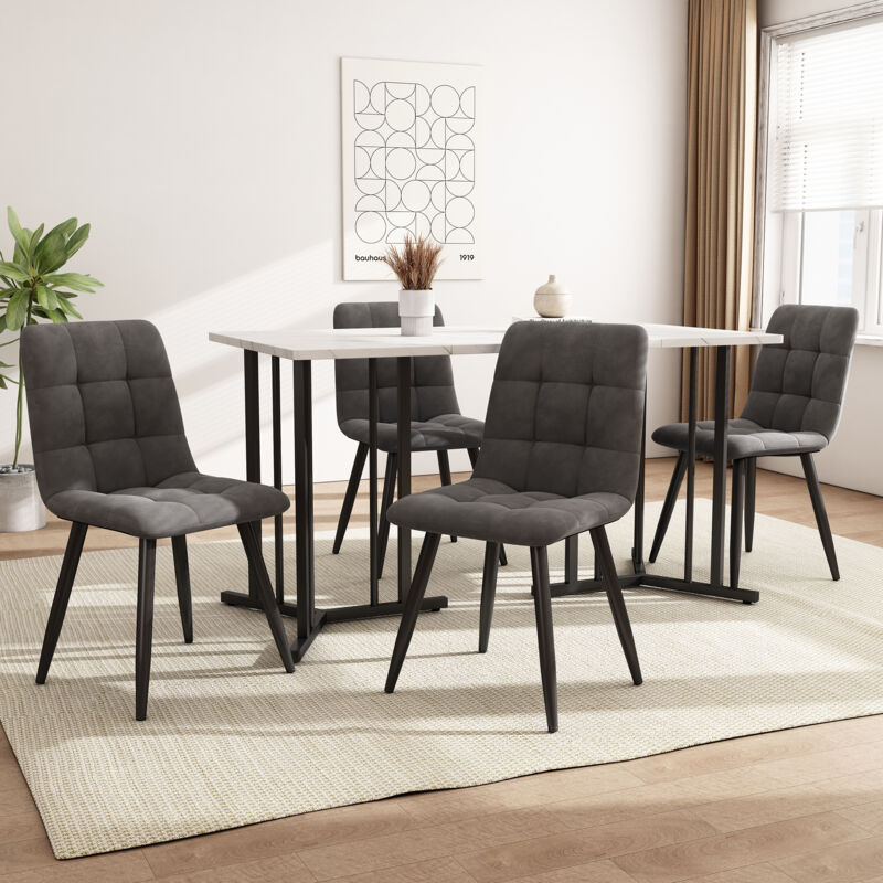 foto del prodotto set tavolo e sedie 1 tavolo da pranzo rettangolare 140x80cm 4 sedie piano bianco, gambe in metallo, mdf e velluto, grigio scuro b