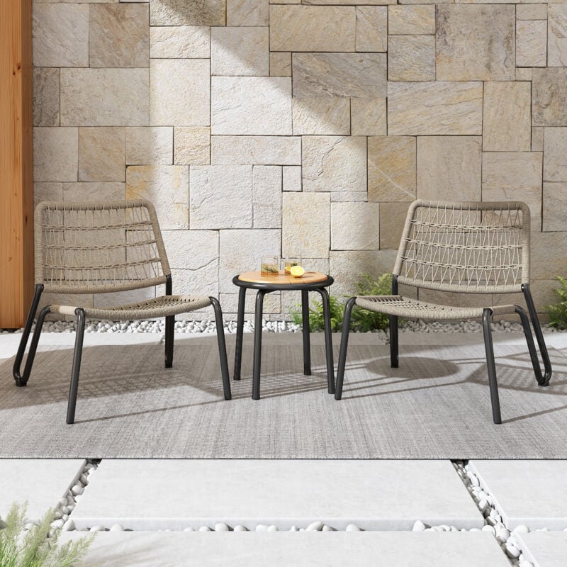 foto del prodotto set tavolo e sedie, 2 poltrone 1 tavolini bassi fissi, corda intrecciata acciaio, mobili giardino, beige