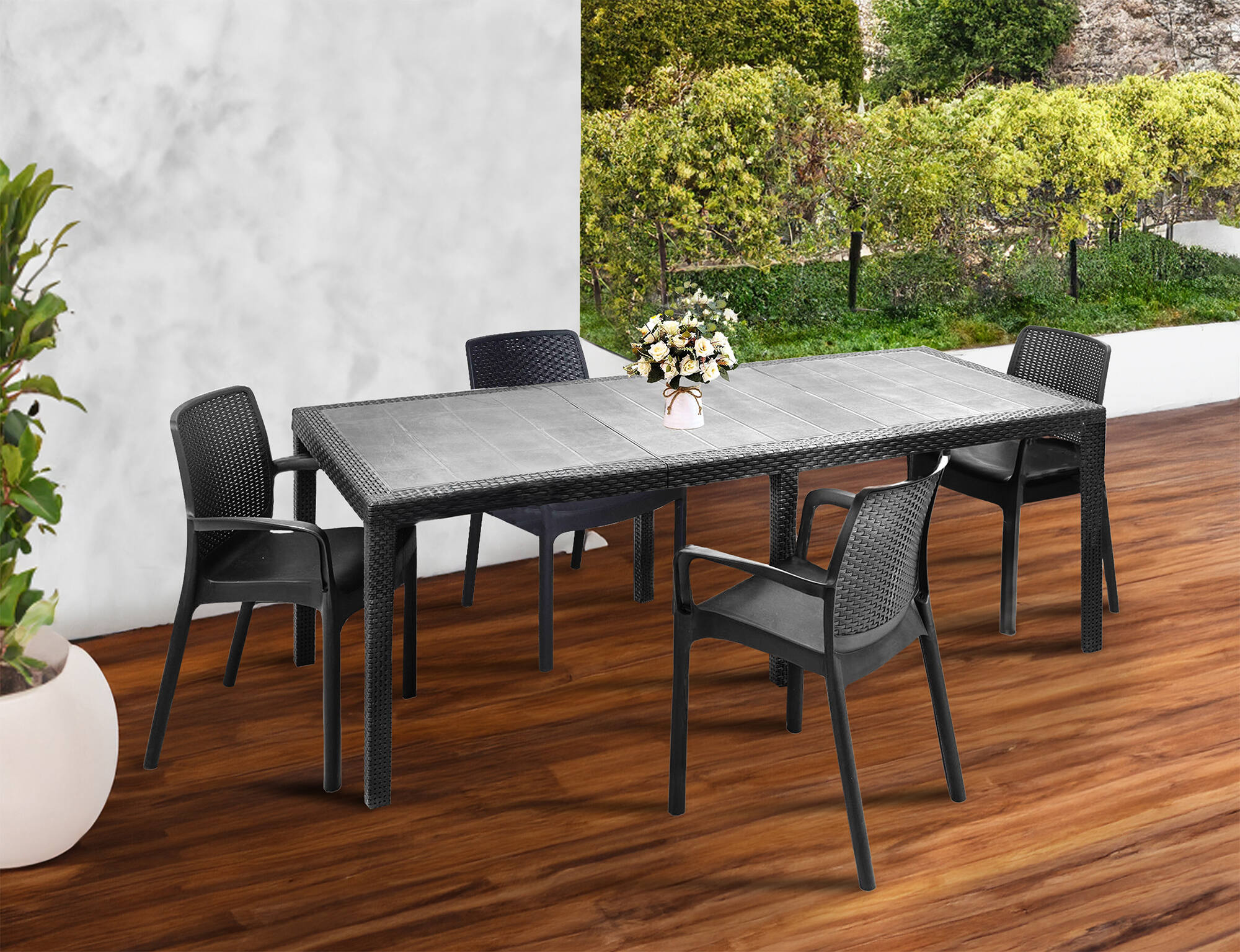 foto del prodotto set tavolo e sedie arret, ripiano rettangolare allungabile da esterno con 4 sedie incluse, tavolo e sedute da giardino effetto rattan, 100 made in italy, antracite