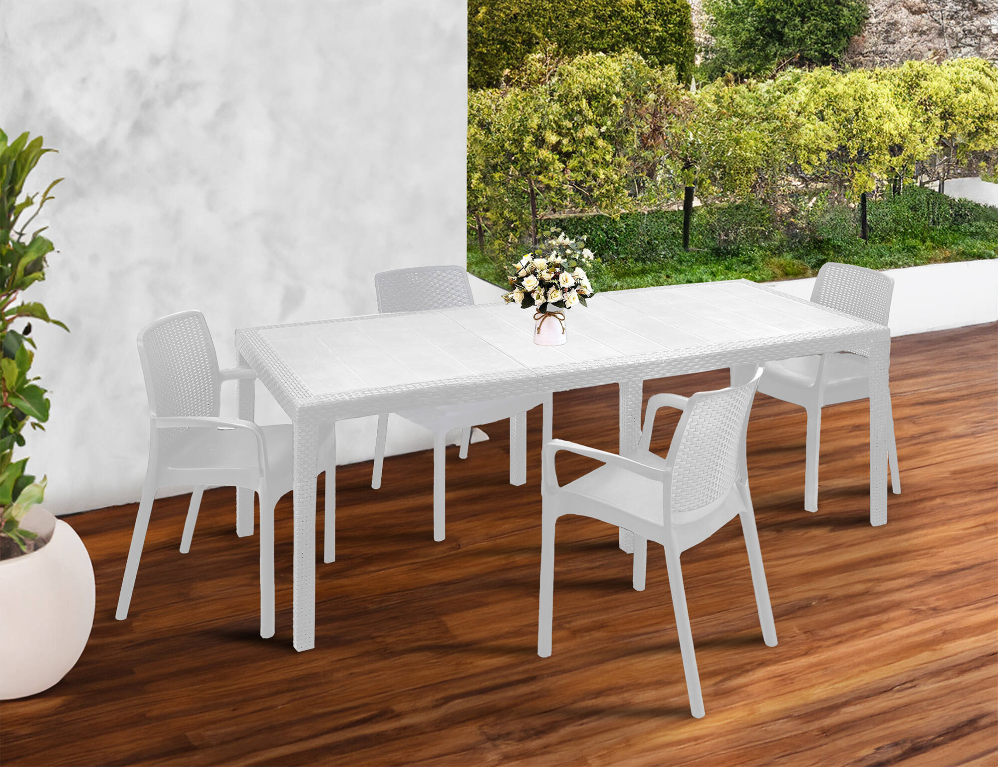 foto del prodotto set tavolo e sedie arret, ripiano rettangolare allungabile da esterno con 4 sedie incluse, tavolo e sedute da giardino effetto rattan, 100 made in italy, bianco