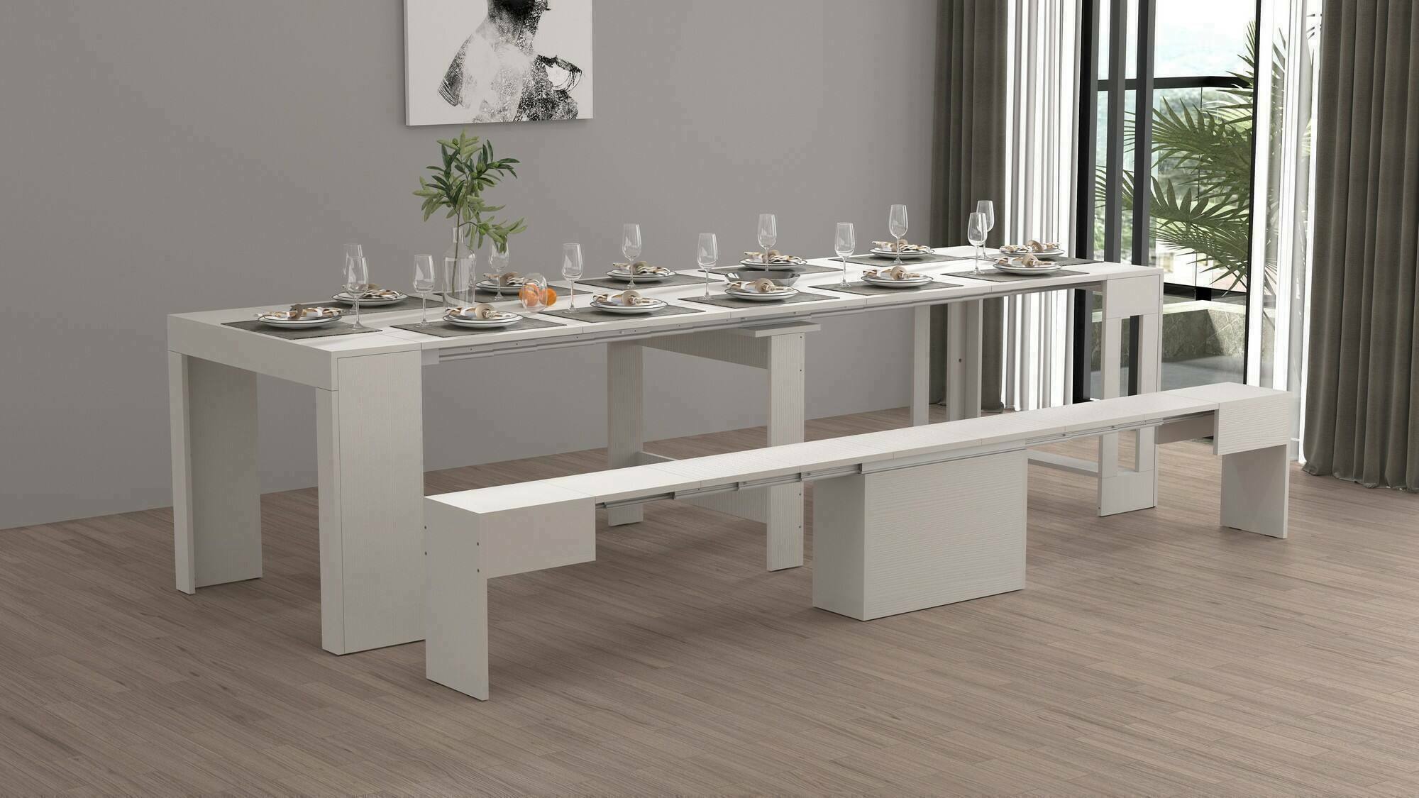 foto del prodotto set tavolo e sedie badesi, composizione multiuso, set con consolle e 1 panca allungabili, 100 made in italy, 66x25h45 cm, bianco