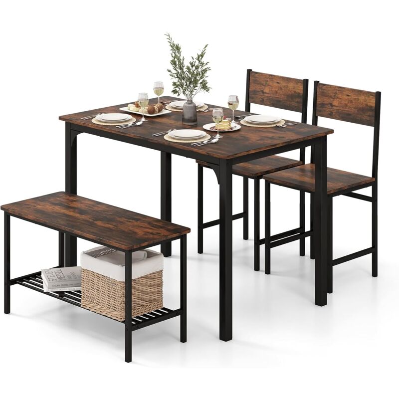 foto del prodotto set tavolo e sedie da cucina con tavolo da p ranzo, panca e 2 sedie, 4 posti, in design industriale gruppo sedute con ripiano in mdf e struttura in