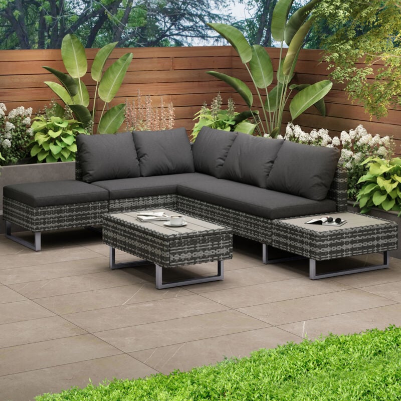 foto del prodotto set tavolo e sedie da giardino 1 divano angolare, 1 tavolo rettangolare con cuscini, sfoderabili e trasparenti, pe e metallo, grigio scuro