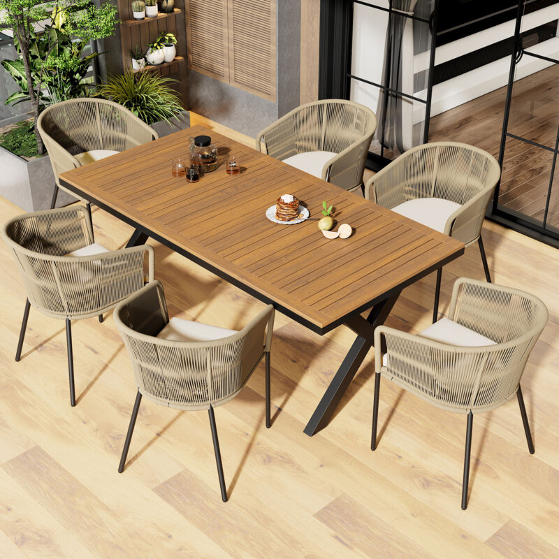 foto del prodotto set tavolo e sedie da giardino 1 tavolo rettangolare 6 poltrone con 6 cuscini, sfoderabili e lavabili, metallo e legno, nero e naturale