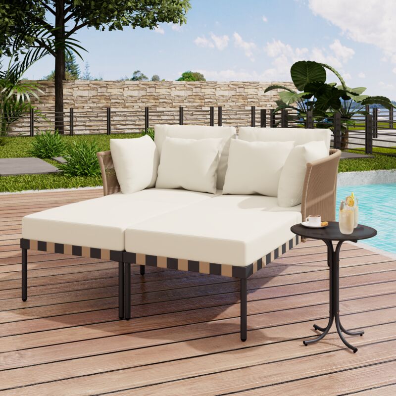 foto del prodotto set tavolo e sedie da giardino 1 tavolo rotondo 36x36x46 cm 2 sedie a sdraio con 4 cuscini, lettino prendisole, divano da giardino, beige