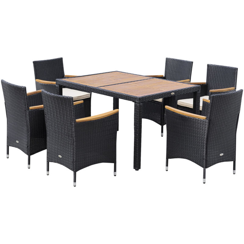 foto del prodotto set tavolo e sedie da giardino 7 pezzi in rattan nero e legno outsunny