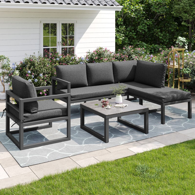 foto del prodotto set tavolo e sedie da giardino divano angolare 1 poltrona 1 tavolo combinazione libera, 6 posti, grigio