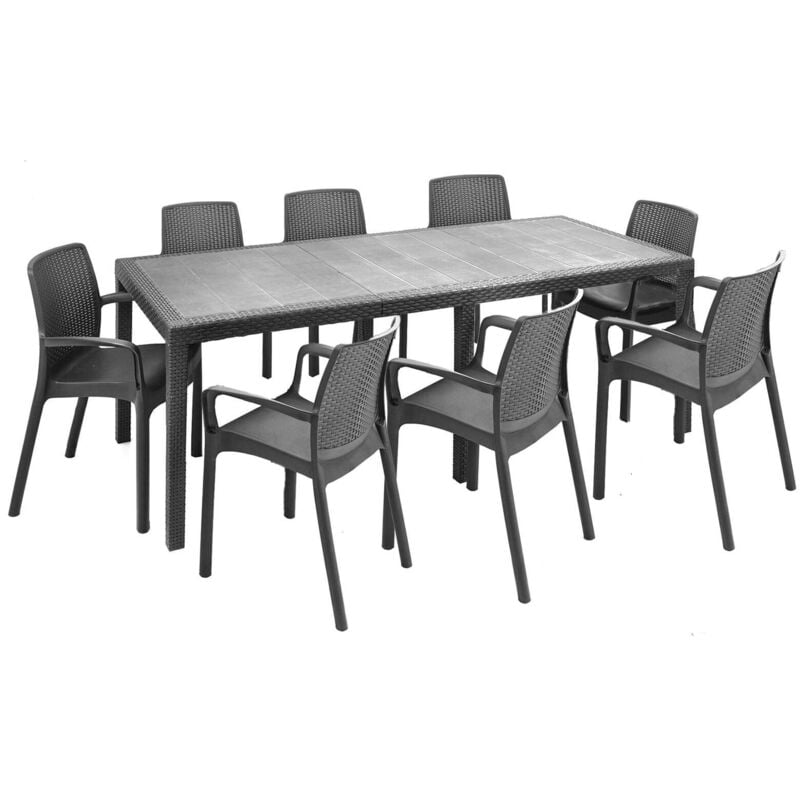 foto del prodotto set tavolo e sedie moie, salottino indoor, tavolo rettangolare allungabile con 8 sedie con braccioli, made in italy, antracite dmora
