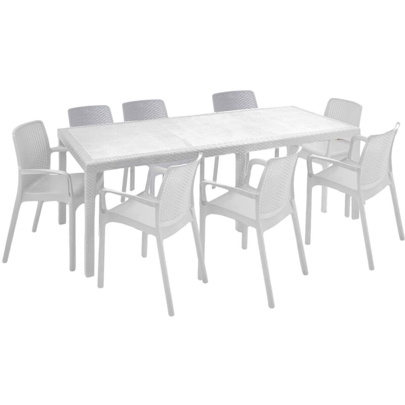 foto del prodotto set tavolo e sedie moie, salottino indoor, tavolo rettangolare allungabile con 8 sedie con braccioli, made in italy, bianco dmora