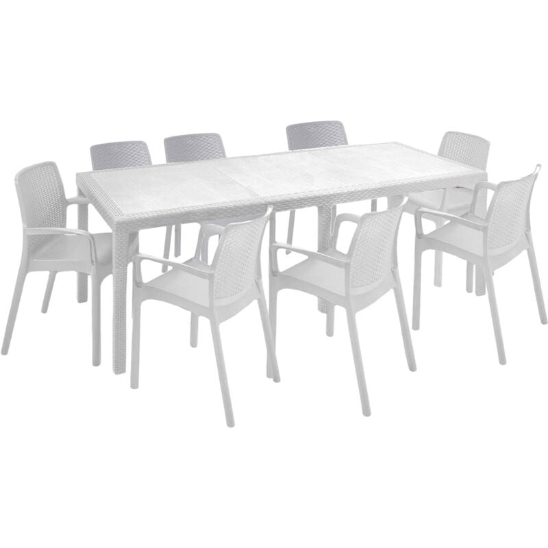 foto del prodotto set tavolo e sedie moie, salottino indoor, tavolo rettangolare allungabile con 8 sedie con braccioli, made in italy, bianco dmora