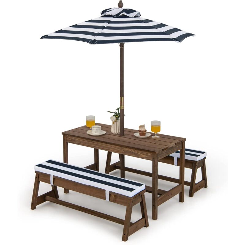foto del prodotto set tavolo e sedie per bambini, tavolo da picnic con ombrellone, tavolino e panche da esterno per giardino terrazzo e balcone blu relax4life