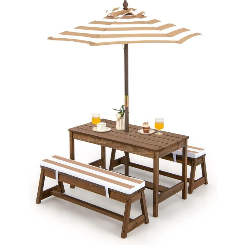 foto del prodotto set tavolo e sedie per bambini, tavolo da picnic con ombrellone, tavolino e panche da esterno per giardino terrazzo e balcone marrone relax4life