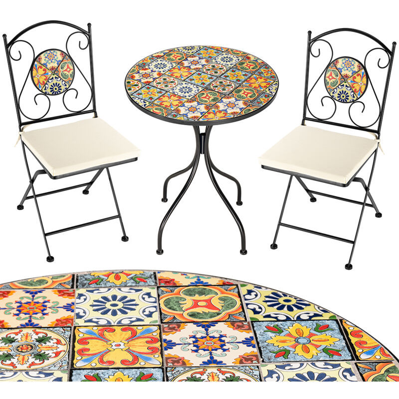 foto del prodotto set tavolo e sedie pieghevoli con cuscino design mosaico arredo esterno giardino