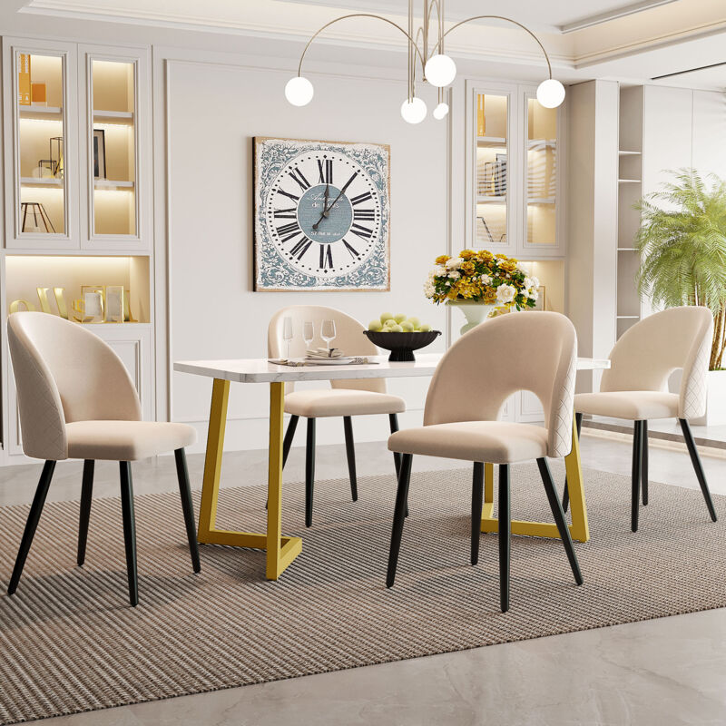 foto del prodotto set tavolo e sedie, tavolo da pranzo bianco con gambe dorate e 4 sedie in velluto beige con gambe nere