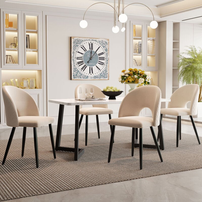 foto del prodotto set tavolo e sedie, tavolo da pranzo bianco con gambe nere e 4 sedie in velluto beige con gambe nere