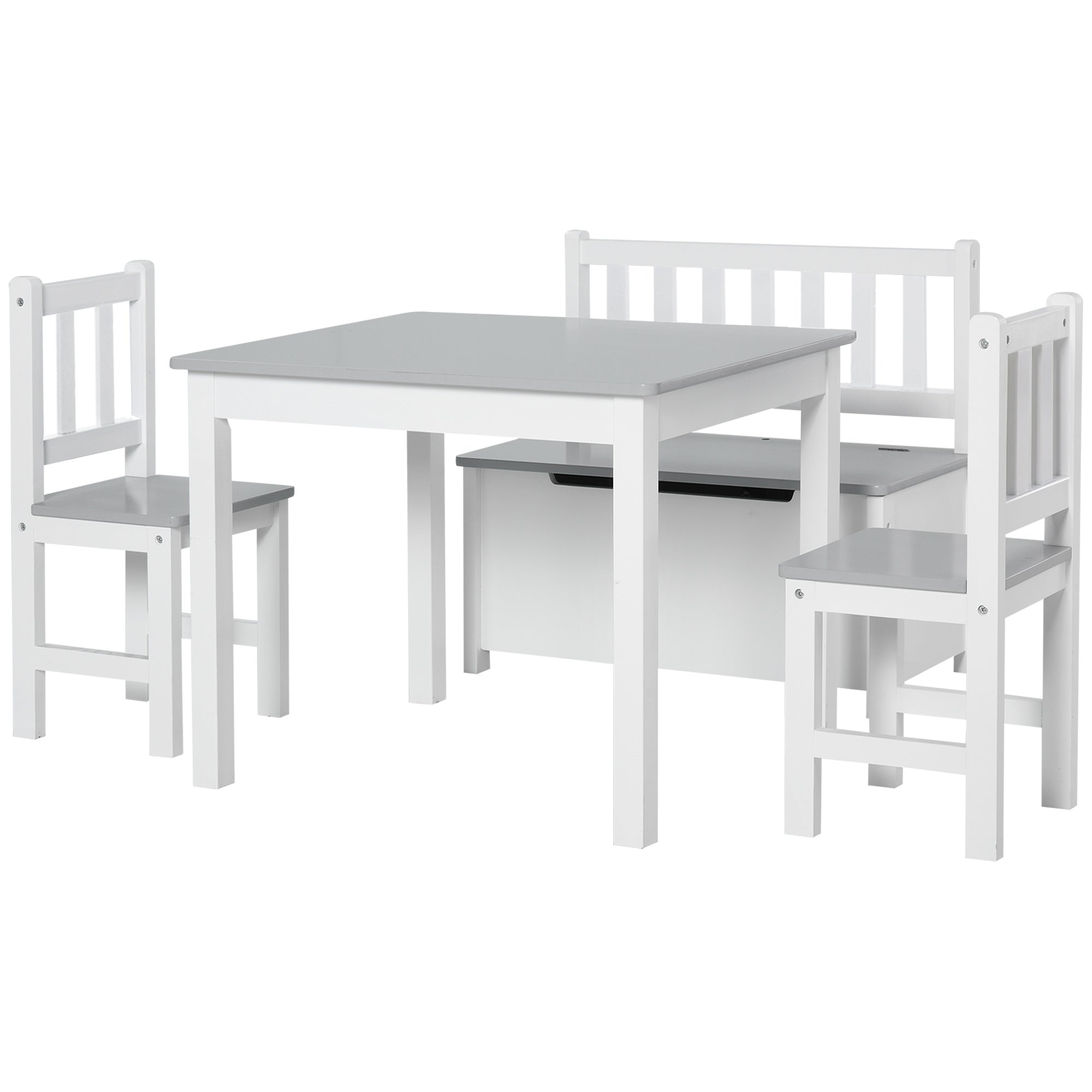 foto del prodotto set tavolo per bambini con 2 sedie e cassapanca in legno per cameretta bianco e grigio