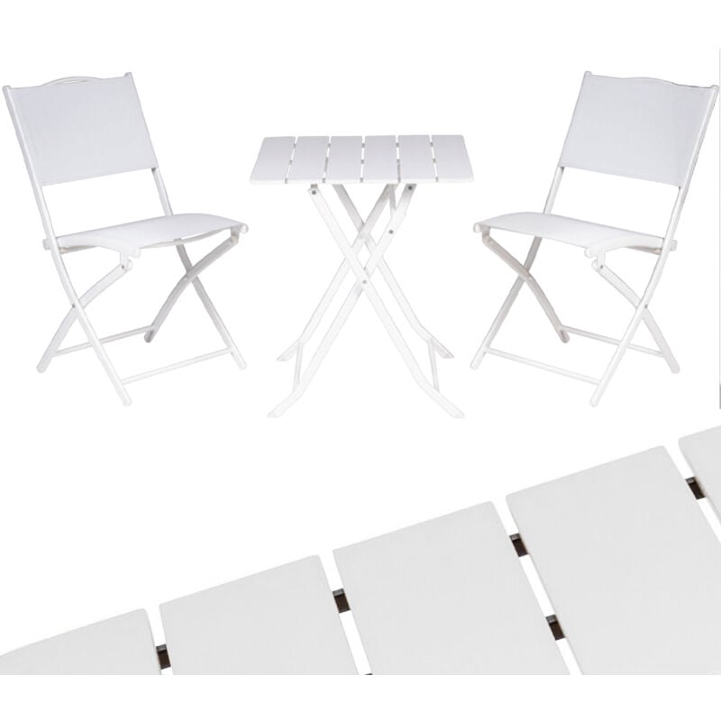 foto del prodotto set tavolo pieghevole con 2 sedie bianco arredo esterno giardino in acciaio e pe