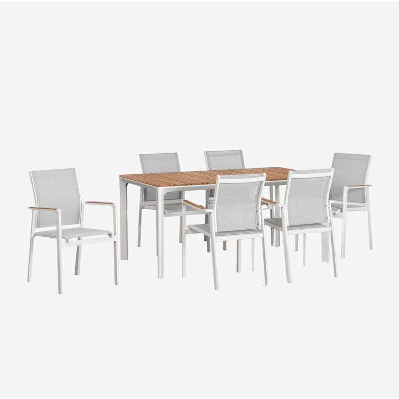 foto del prodotto set tavolo rettangolare katiana in alluminio e legno teak 160x90 cm e 6 sedie da giardino in alluminio elvira sklum