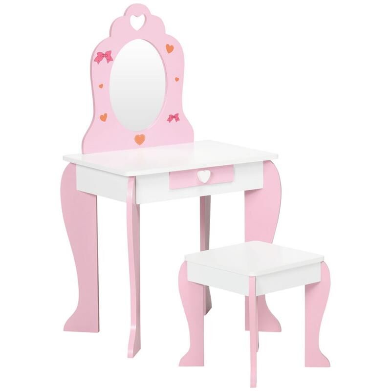 foto del prodotto set tavolo trucco con sgabello. specchio e cassetto per bimbi 3 6 anni. bianco e rosa