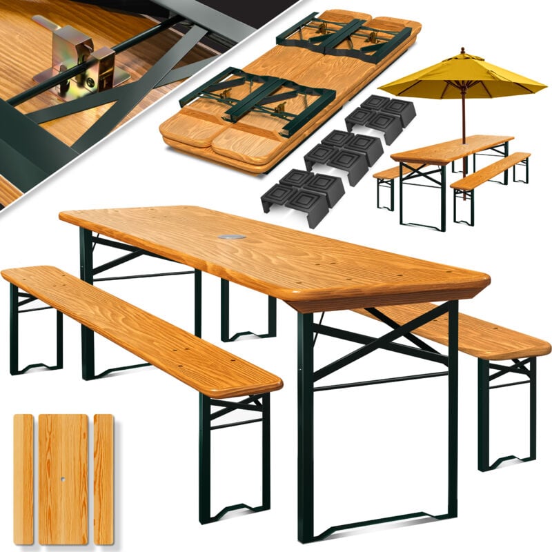 foto del prodotto set tenda da birra set di mobili da giardino 3 pezzi pieghevole 170 x 46 x 75cm 2x panche da birra 1x tavolo da birra set tavolo da bar per birra marrone chiaro, 170cm x 46cm - kesser
