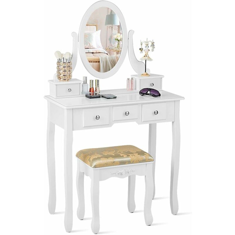 foto del prodotto set toeletta con specchio ovale girevole a 360 , tavolo da trucco, scrivania multifunzionale con sgabello e 5 cassetti, facile da montare