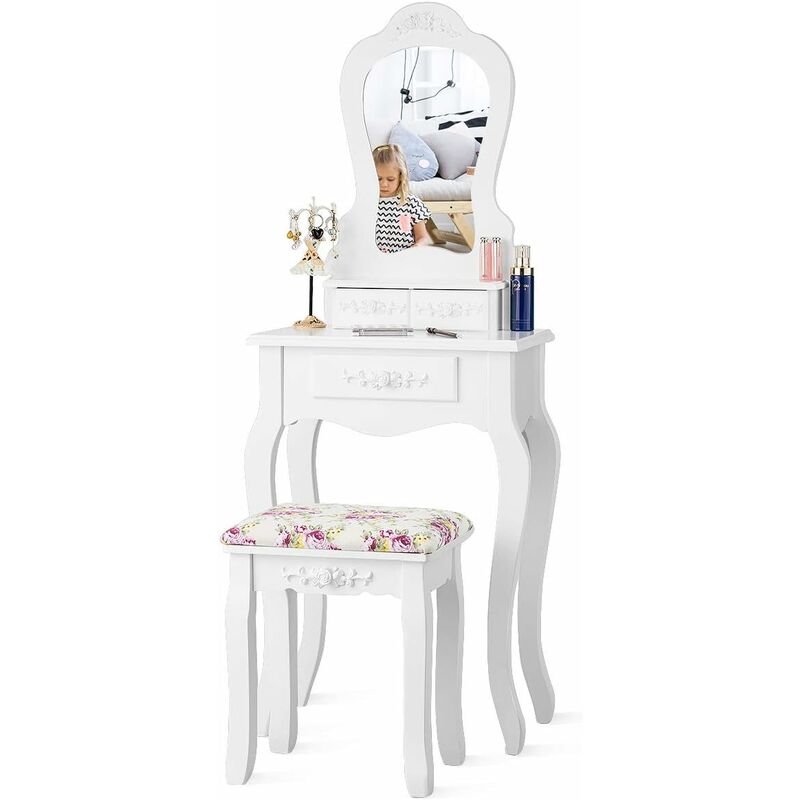 foto del prodotto set toeletta con specchio, tavolo da trucco con sgabello imbottito e 3 cassetti, toeletta per cosmetici, set bellezza 2 in 1 con superficie