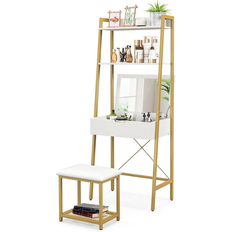 immagine 0 del prodotto set toeletta da trucco con sgabello e specchio ribaltabile, set toeletta da trucco con scaffali, struttura in metallo, per camera da letto, soggiorno