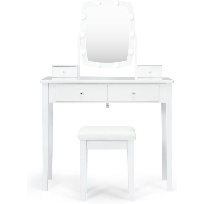foto del prodotto set toeletta da trucco con sgabello imbottito, specchio girevole e luminoso con 10 fori per lampadine dimmerabili, set toeletta con gambe in legno,