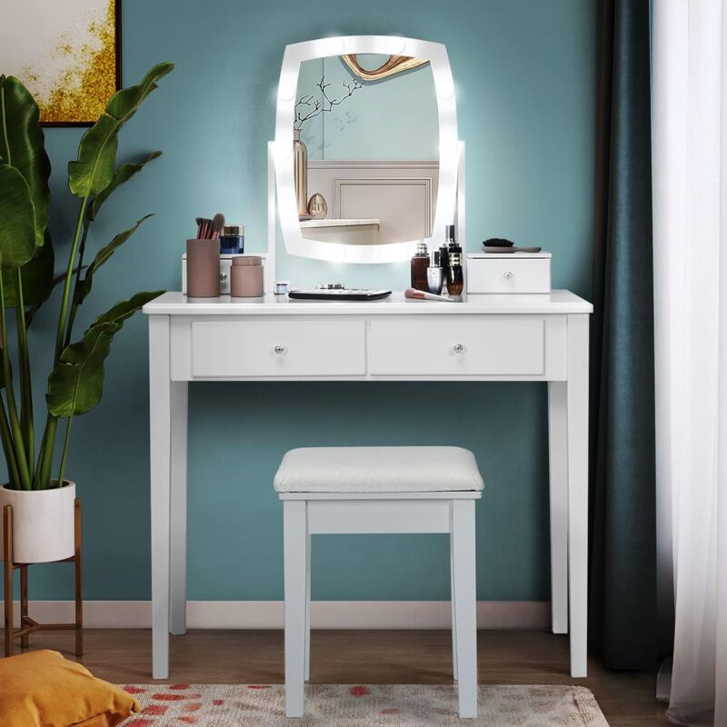 foto del prodotto set toeletta da trucco, tavolo da trucco e sgabello con 4 cassetti, con specchio illuminato girevole a 360 , 10 luci led dimmerabili, set tavolo