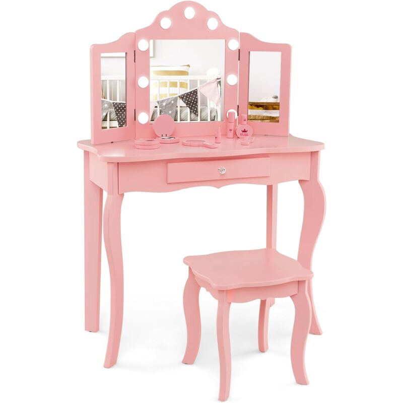 foto del prodotto set toeletta per bambini con sgabello e cassetti, toeletta per bambini in legno, con luce regolabile, 60 x 35 x 96 cm rosa costway