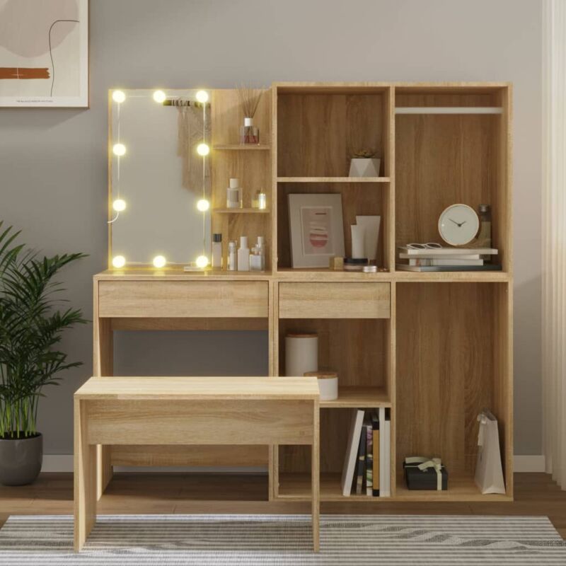 foto del prodotto set toletta mobile con scomparti sgabello e specchio con led vari colori colore marrone