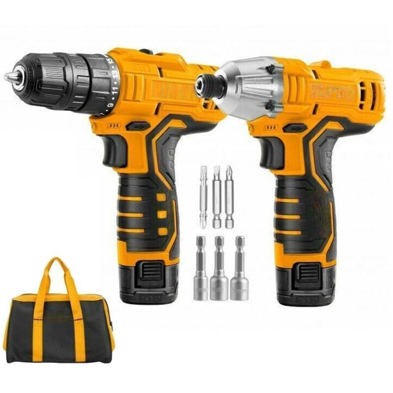 foto del prodotto set trapano avvitatore + avvitatore ad impulsi 2 batterie 12v borsa e accessori - - trade shop traesio
