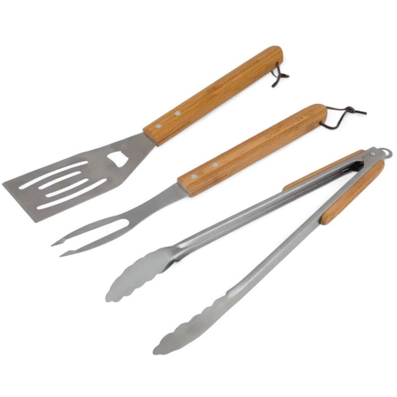 foto del prodotto set utensili barbecue 3 pezzi bamboo manici legno spatola pinza forchettone con laccio per appenderli