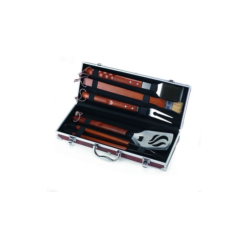 foto del prodotto set utensili barbecue 5 pezzi in acciaio inox con valigetta in radica ompagrill