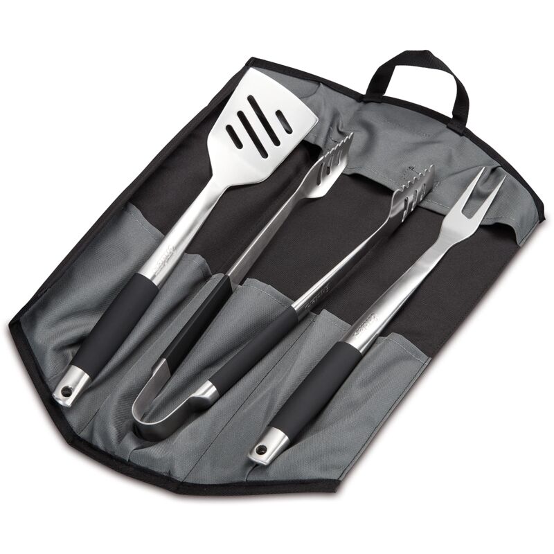 foto del prodotto set utensili bbq 3 in 1 spatola, pinze, forchettone custodia includa set premium 3 utensili da bbq in acciaio inossidabile con rispettiva