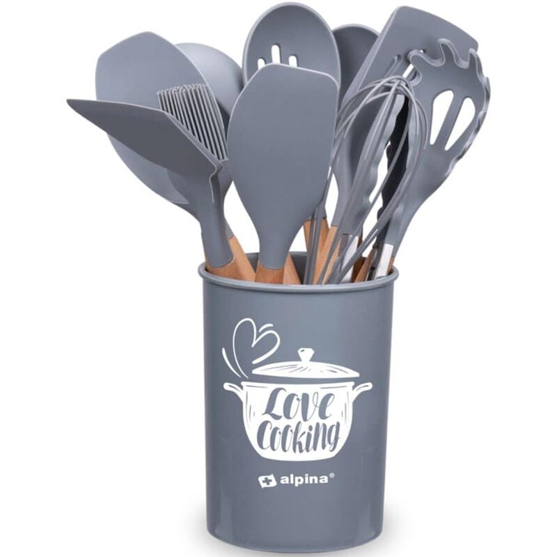 foto del prodotto set utensili da cucina grigio e supporto 12 pezzi utensili silicone manico legno