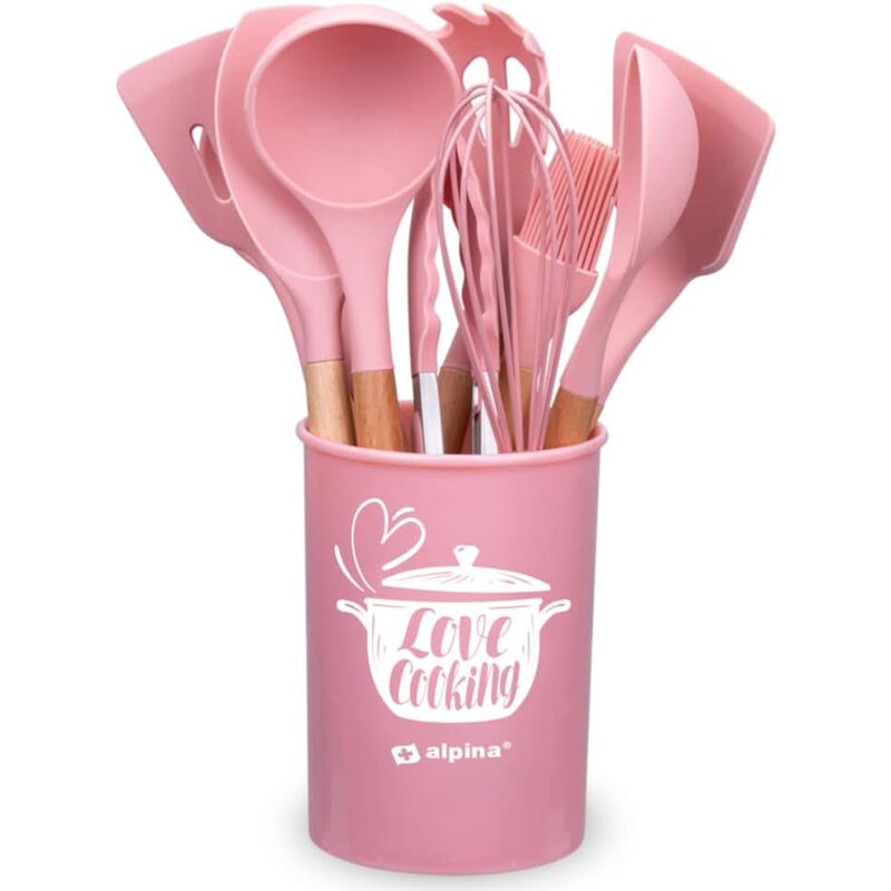 foto del prodotto set utensili da cucina rosa e supporto 12 pezzi utensili silicone manico legno