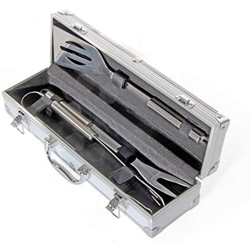 foto del prodotto set utensili per barbecue 3pz acciaio inox paletta forchetta pinza valigetta