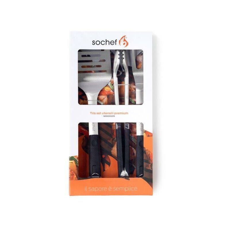 foto del prodotto set utensili utili durante la cottura con barbecue forchettone, spatola, pinza