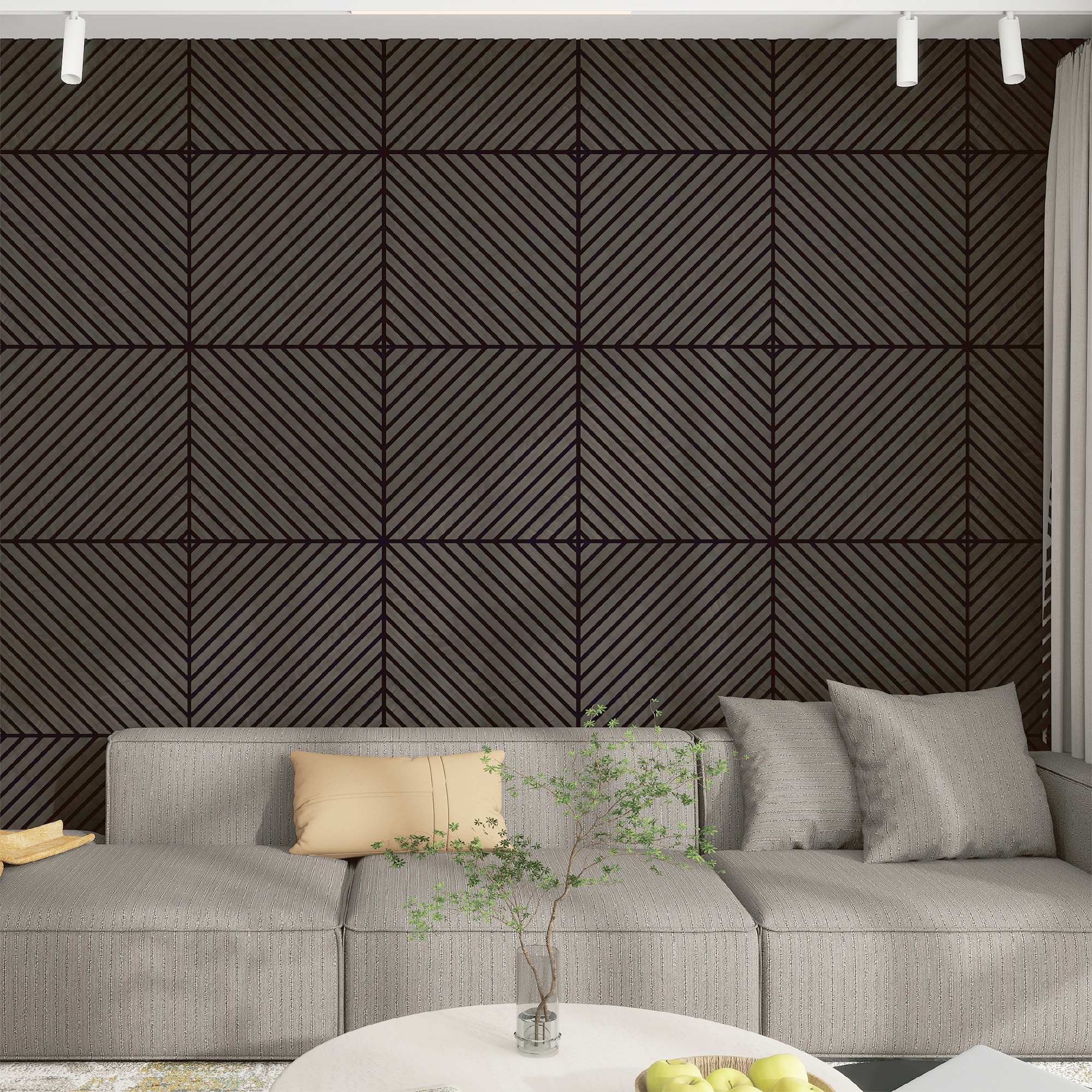 foto del prodotto set vang di 8 pannelli murali 3d fonoassorbenti 60x60 cm a listelli diagonali copertura 2,88 m effetto rovere grigio scuro neu.holz