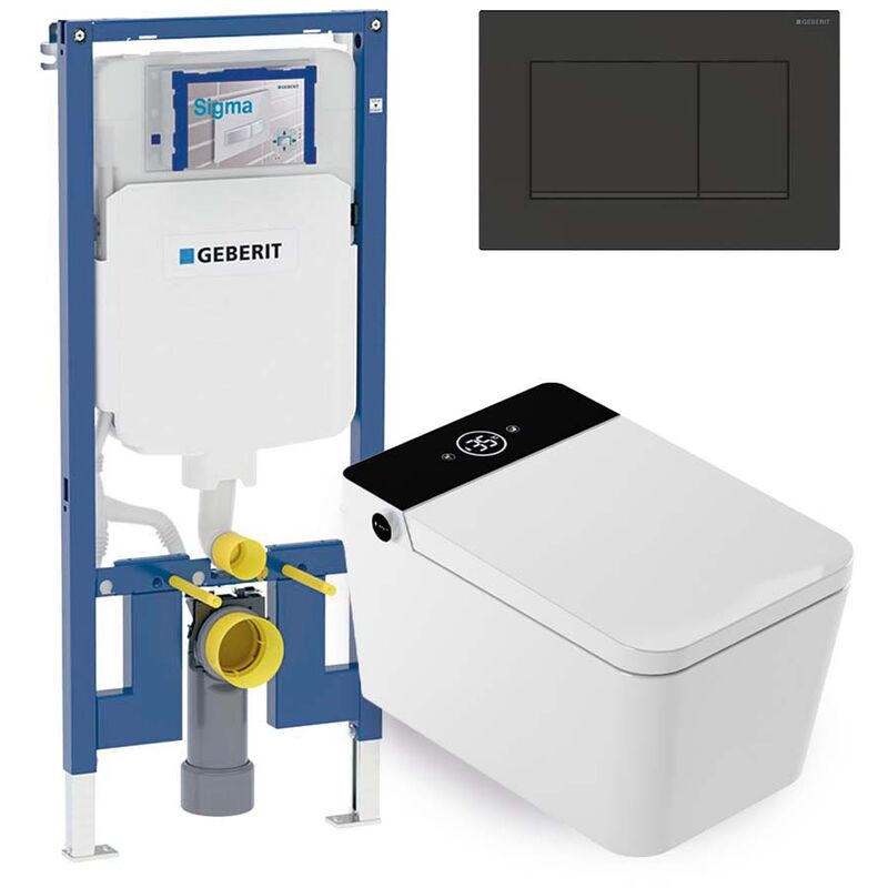 foto del prodotto set wc giapponese sospeso isla nero risciacquo ad acqua asciugatura ad aria modulo geberit duofix 8 cm placca comando doppio nero mizubath