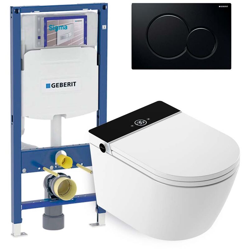 foto del prodotto set wc giapponese sospeso rada nero risciacquo ad acqua asciugatura ad aria modulo geberit duofix 12 cm placca comando doppio nero mizubath