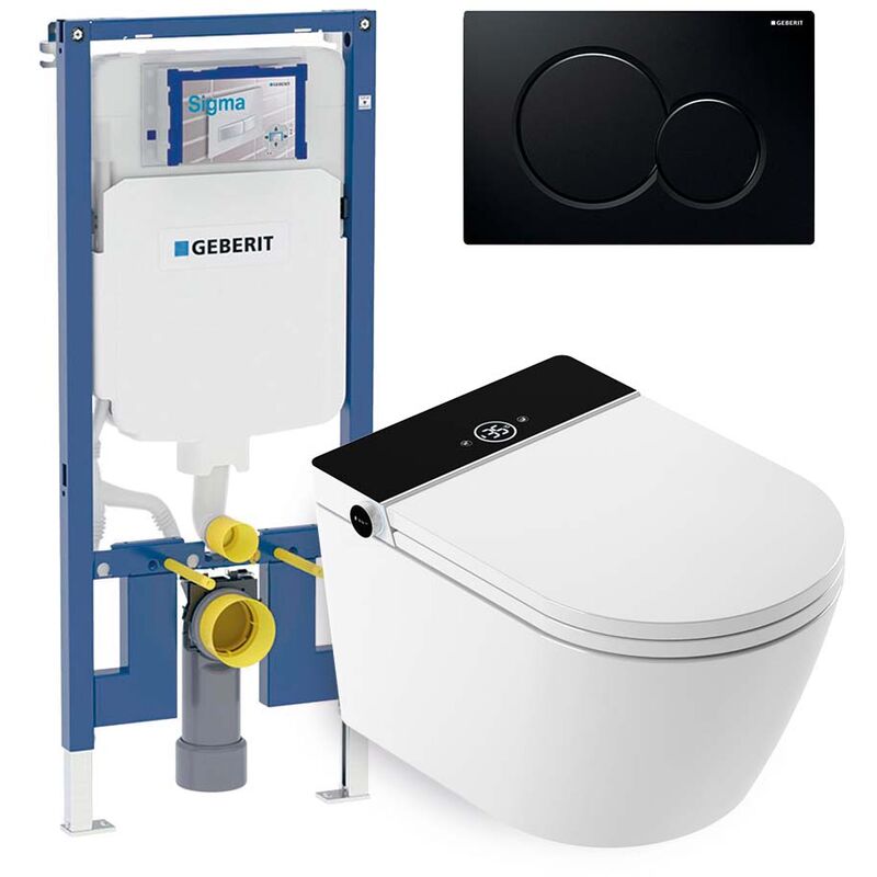foto del prodotto set wc giapponese sospeso rada nero risciacquo ad acqua asciugatura ad aria modulo geberit duofix 8 cm placca comando doppio nero mizubath