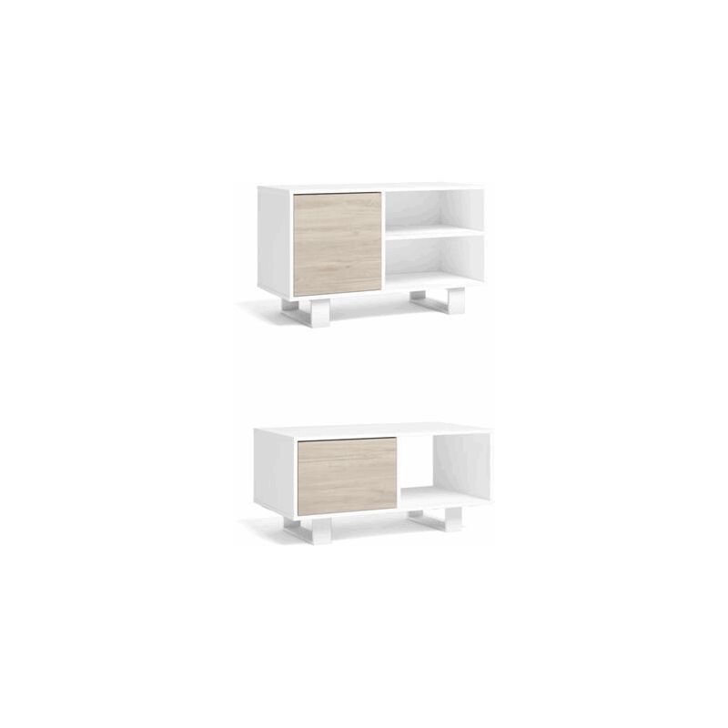 foto del prodotto set wind, set di mobili per soggiorno sala da pranzo composto da 1 mobile tv100 e 1 tavolino bianco rovere, gambe bianche skraut home