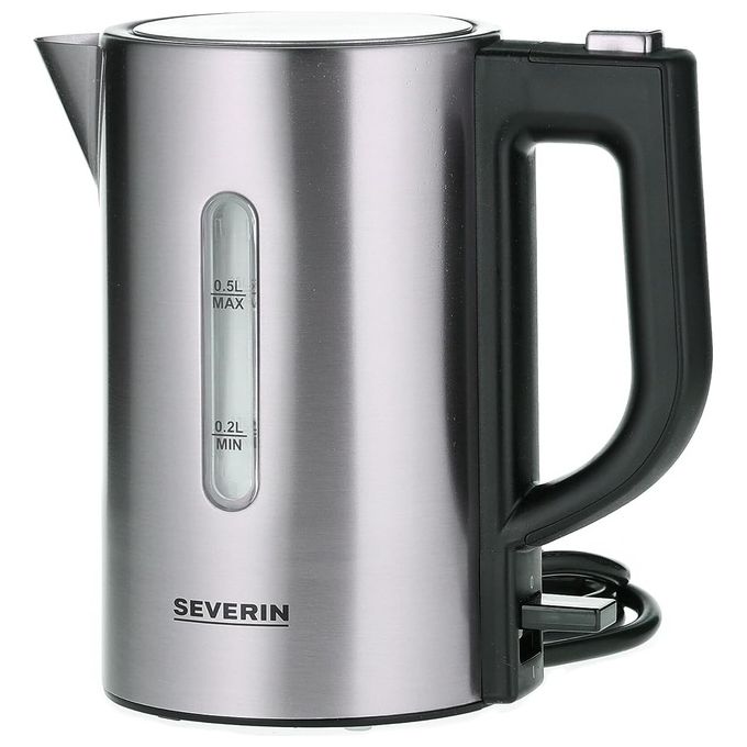 foto del prodotto severin wk 3647 set di bollitore da viaggio con 2 tazze in plastica e 2 cucchiai in acciaio inox spazzolato nero
